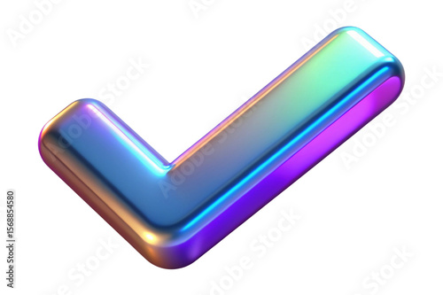 Shiny iridescent chrome check mark symbol isolated on transparent background