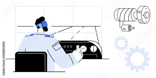 Engineer seated at control panel managing machinery, monitoring systems on screens. Ideal for automation, technology, industry, manufacturing, robotics, innovation productivity. Simple flat metaphor