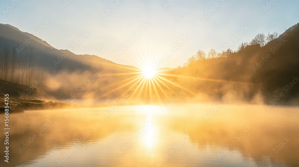 Fototapeta premium Golden Sunrise Spreading Light Over Misty Tranquil Lake Landscape