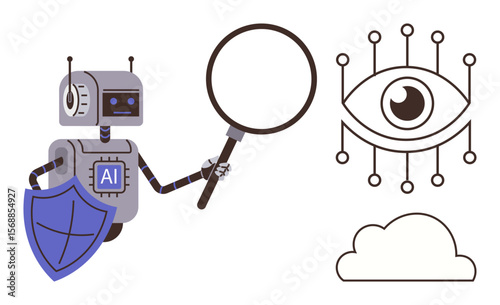 Robotic figure labeled AI holding magnifying glass and shield near eye network and cloud icons. Ideal for cybersecurity, innovation, AI analysis, privacy protection, technology, network systems