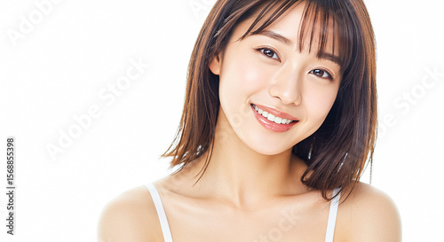 潤いのある肌の日本人女性 白背景 AI生成画像