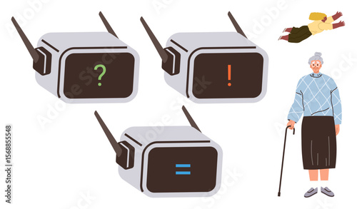 Three smart devices with question, exclamation, and equal symbols, elderly woman with cane, flying superhero figure. Ideal for technology, elderly care, safety, health connectivity modern