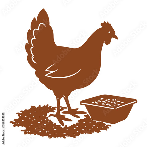 Detailed Silhouette Illustration of a Chicken with Food Depicting Farm Life Simplicity and Natural Poultry Farming