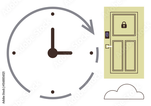 Locked door with smart keypad, large clock symbolizing time, and cloud. Ideal for security, access control, time management, IoT, remote access, automation simple flat metaphor