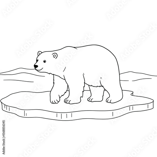 A polar bear stands firmly on a floating piece of ice with mountains in the background, illustrated in clean black-and-white line art.