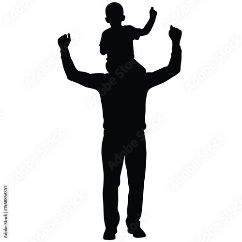 Silhouette depicts a child riding on his father's shoulders, both with arms raised happily