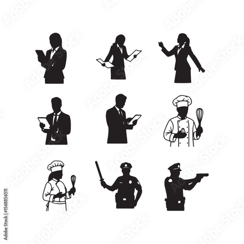 Nine Black Silhouettes Diverse Occupations Business People Chefs Police Officers Holding Tablets Documents Whisk Baton Gun
