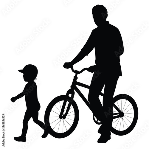 Silhouette portrays a father pushing his bicycle while his young child walks beside him