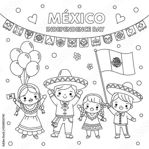 Cute mexican children celebrating independence day with flags and balloons isolated on transparent background
