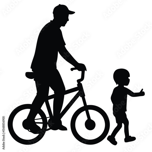Silhouette shows an AfricanAmerican father on a bike with his son giving thumbs up