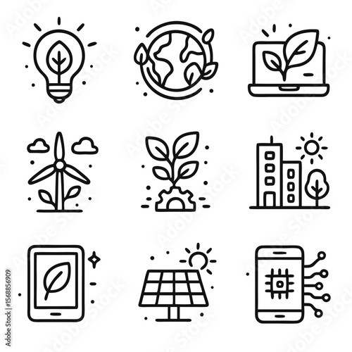 Natureinfused tech icons depict ecofriendly technology for a sustainable future. Suitable for environmental, green tech, and sustainable development projects.