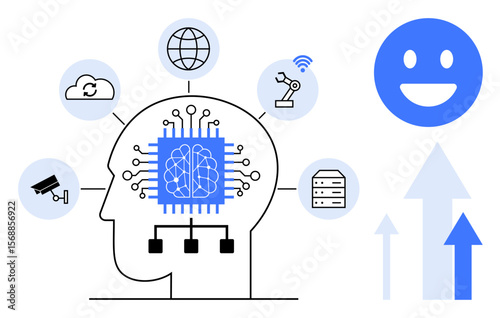 Human brain integrated with machine learning processor, icons for cloud, robotics, data, AI, surveillance, connectivity, growth. Ideal for AI innovation automation IoT intelligence productivity