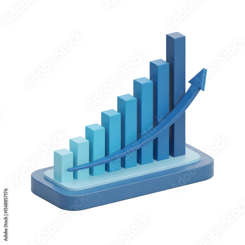 3d blue bar graph with upward trending arrow isolated on transparent background