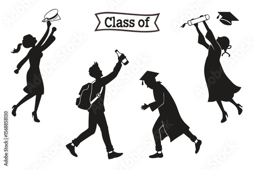 Graduation Silhouettes Clip Art — Cap Toss, Diploma Holding, Celebrating Students, Jumping & Class of Year Graphics for Party Decor

