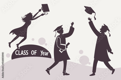 Graduation Silhouettes Clip Art — Cap Toss, Diploma Holding, Celebrating Students, Jumping & Class of Year Graphics for Party Decor