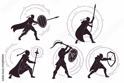 Fantasy Warrior Silhouettes Clip Art — Swordsmen, Knights, Capes, Bows, Shields, Magical Poses & RPG Characters for Gaming Merch