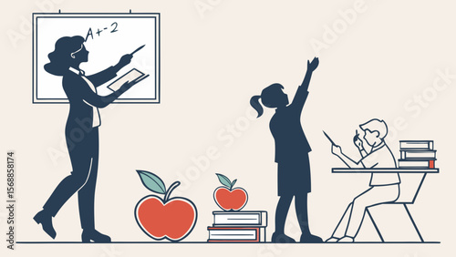 Teacher Silhouettes Clip Art — Teaching at Board, Holding Books, Apple, Standing Students & Classroom Scenes for School Decor

