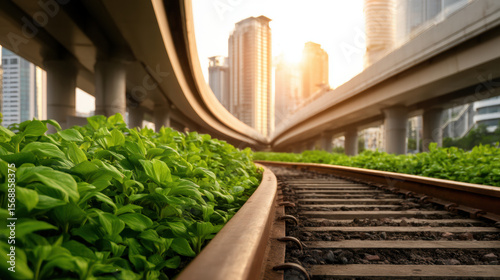 Urban railway tracks curve between lush green plants under city overpasses, with tall buildings glowing in the warm morning sunlight.