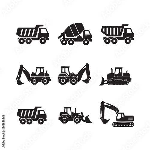 Nine Black Silhouettes of Construction Vehicles on White Background Dump Trucks Excavators Bulldozer and Cement Mixer Icons