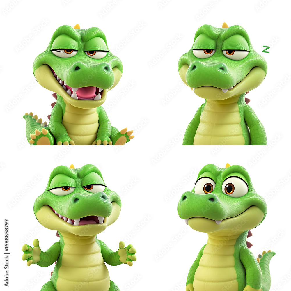 Fototapeta premium Cartoon Green Crocodile Character with Playful and Sleepy Expressions in Bright Colors