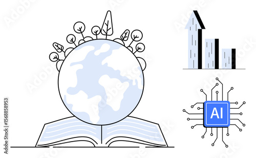 Earth resting on an open book, plants surrounding, a bar chart symbolizing growth, and an AI microchip. Ideal for sustainability, education, growth, innovation, technology environmental care simple