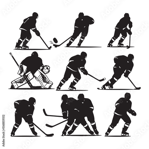 Nine Black Silhouettes of Ice Hockey Players in Action Poses Goalie Stick Puck Skates Sports Game Competition