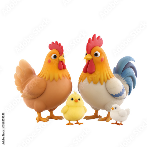Colorful Toy Chicken Family with Chicks in Bright Yellow and Blue on Transparent Background