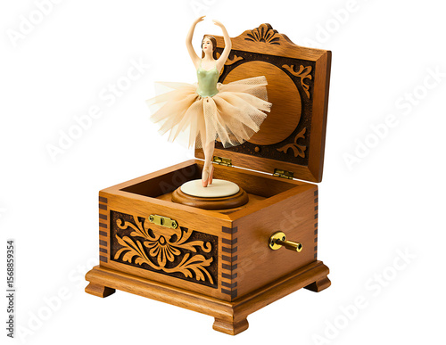 Ornate wooden music box with a spinning ballerina dancer isolated on transparent background