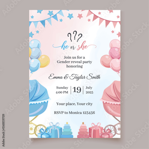 Invitation template Pink and blue baby elements Gender reveal party
