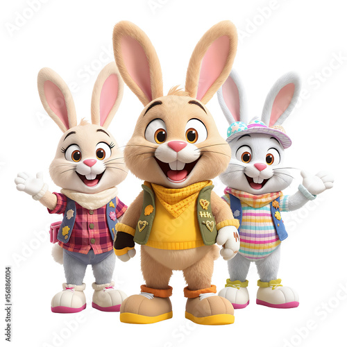 Cartoon Bunnies in Colorful Clothing Standing Together in Transparent Background
