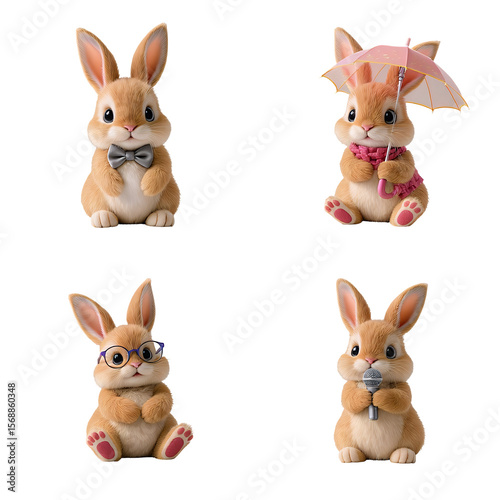 Cute Cartoon Bunnies with Accessories and Microphone Set Against Transparent Background
