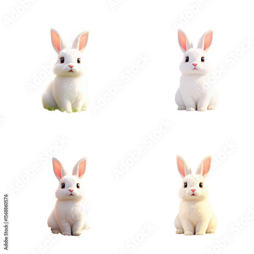 Four Cute White Bunnies with Pink Ears Sitting on Green Grass in Transparent Background
