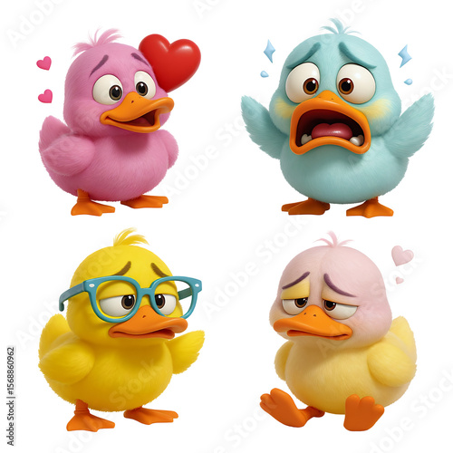 Cute Cartoon Baby Ducks Expressing Love Surprise Sadness and Happiness in Bright Colors