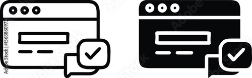 Chat Message Icon Set – Black and White Vector Browser Window with Speech Bubble and Checkmark