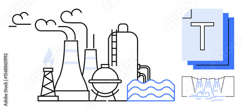 Factory emitting smoke alongside water waves and technical elements. Ideal for energy production, manufacturing, technology, sustainability, pollution, engineering, or a simple landing page