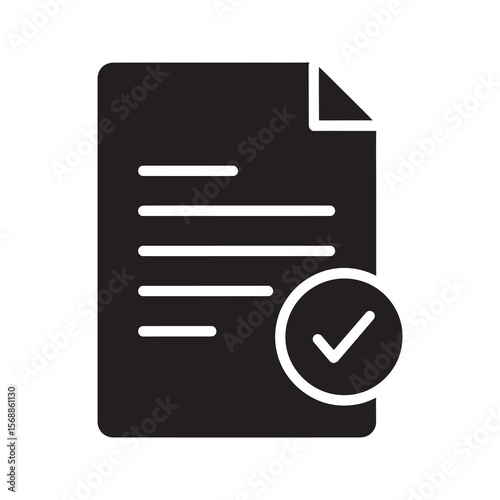 Approved document glyph icon showing successful verification and task completion for business compliance report and certified form checklist management vector solid