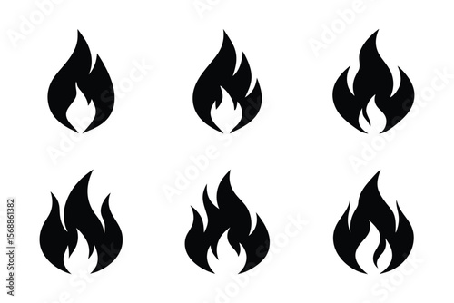 Collection of six simple black flame icons on white background, Fire icon vector set