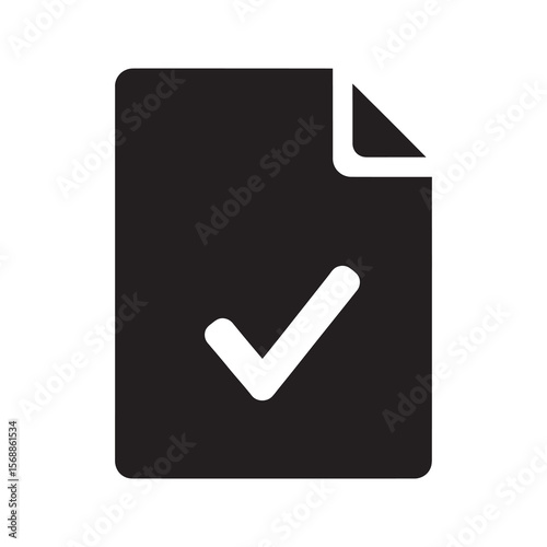 Verified document solid icon representing confirmation and successful approval with a checkmark for agreement validation and project completion sign vector glyph