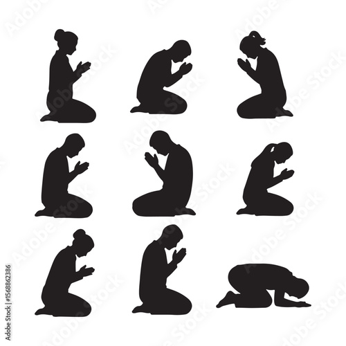 Nine Black Silhouettes of People Kneeling in Prayer Diverse Poses Religious Faith Spirituality Worship