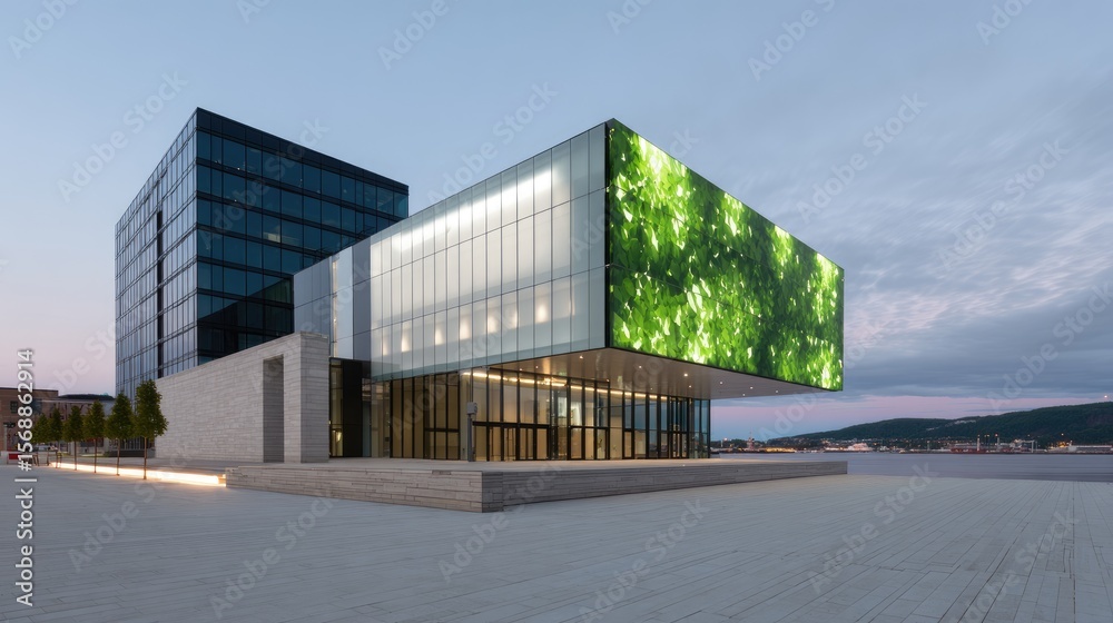 Obraz premium Modern Architectural Marvel with Lush Greenery Display at Twilight