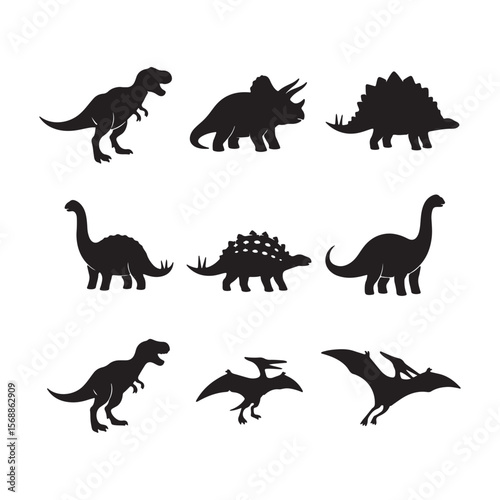 Nine Black Silhouettes of Prehistoric Dinosaurs on White Background Tyrannosaurus Rex Triceratops Stegosaurus Brachiosaurus Ankylosaurus Pterodactyl