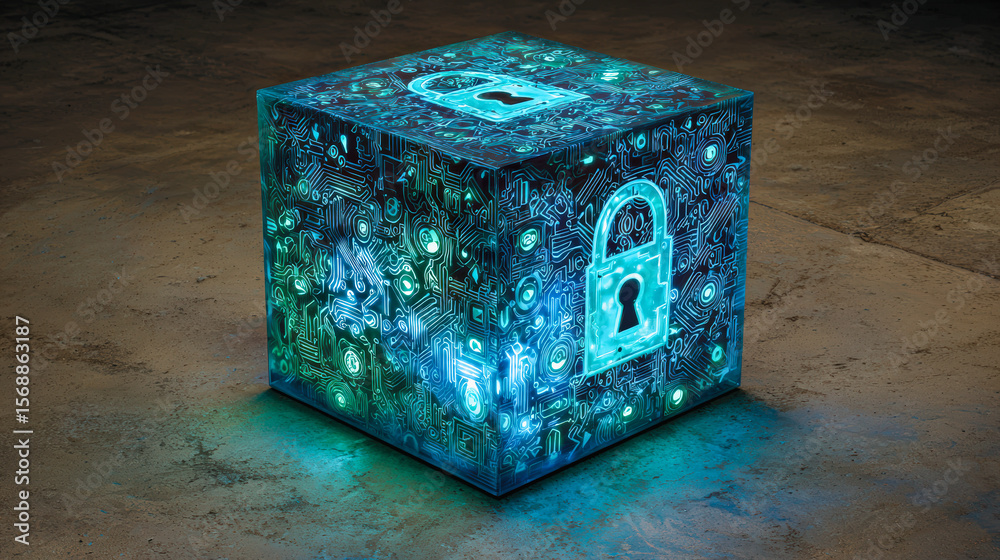 Obraz premium A glowing cube with circuit patterns and padlock icons symbolizes digital security and data protection in a tech environment.