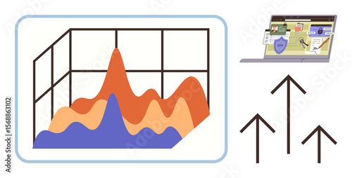 Growth chart visualization with peaks, laptop workflow scene, upward arrows representing progress. Ideal for analytics, productivity, growth strategy, trends, data interpretation, performance