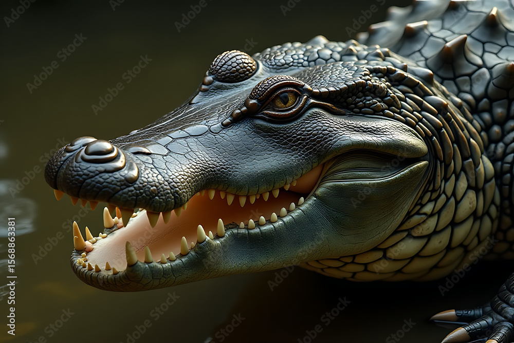 Fototapeta premium Crocodile with Open Mouth Revealing Sharp Teeth Against Water Background