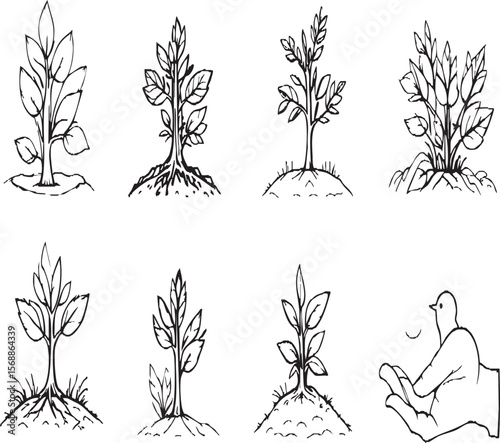 Hand-Drawn Plant Growth and Nurturing Icons