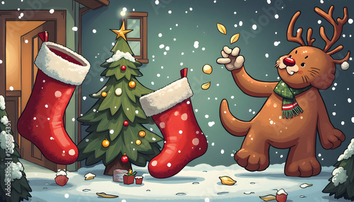 Holiday Illustration with Decorations and a Festive Character