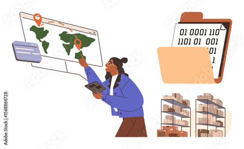 Woman analyzing global map tracking, holding tablet, shelves with goods, binary file storage. Ideal for logistics, supply chain, inventory, technology, data analysis business operations digital