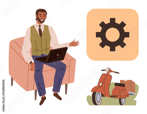 Bearded man in a vest using laptop on a chair, gear icon symbolizing operation or settings, and vintage scooter with delivery boxes. Ideal for business, logistics, operations, strategy