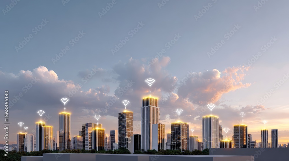 Obraz premium City skyline with digital connectivity and wireless signals at sunset