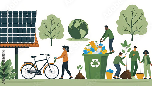 Promoting sustainability:  Recycling, renewable energy, biking, and planting trees to protect the planet, a sustainable future for future generations
